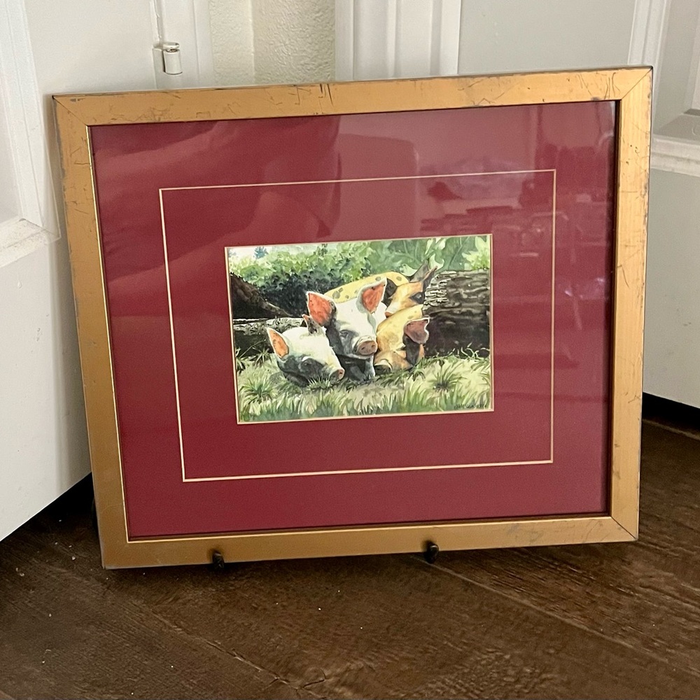 Gold Framed Animal Art Print signed “SMcLean 1996” 12/14 inches